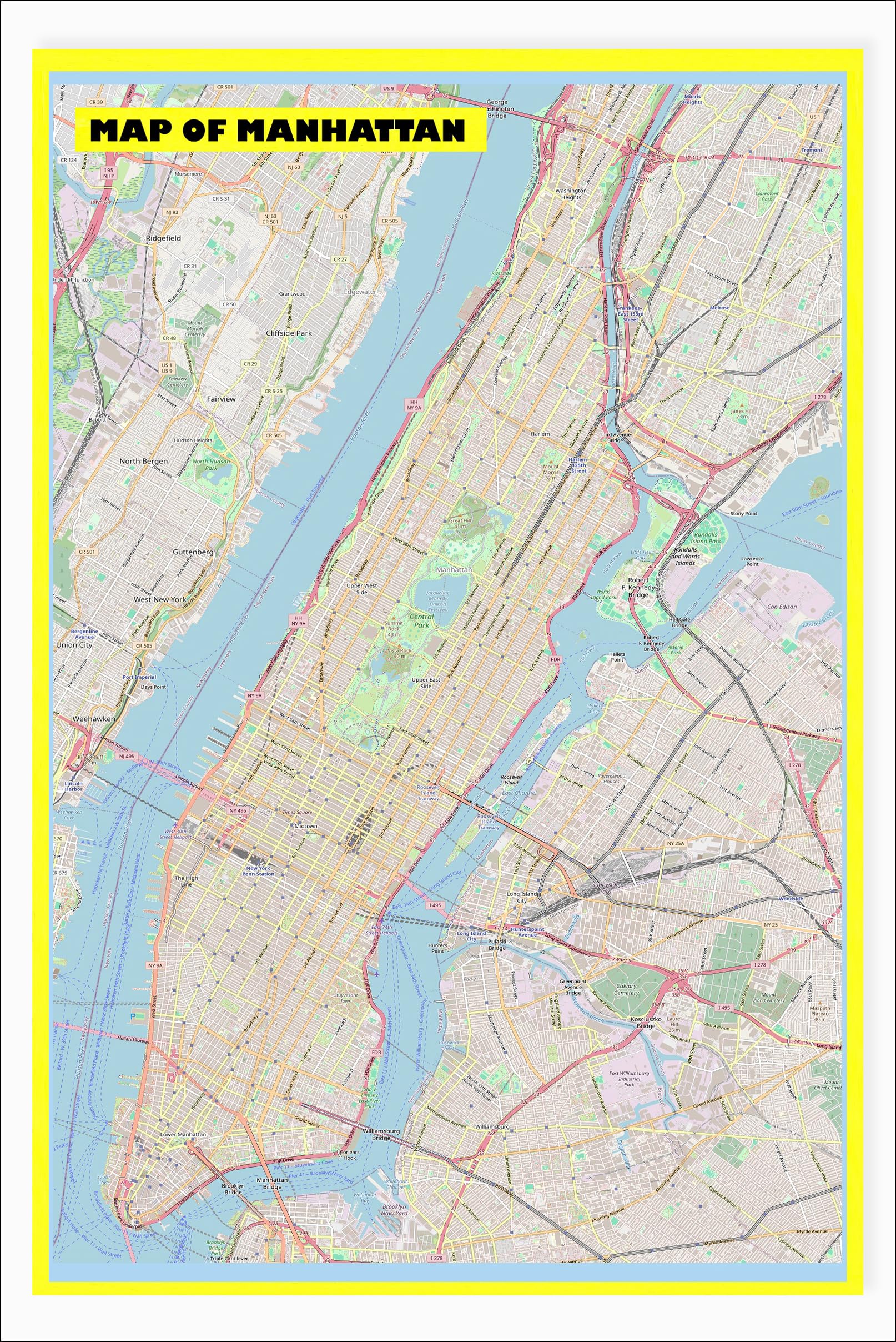 Map of Manhattan with Neighborhoods, Streets, Roads, Highways and