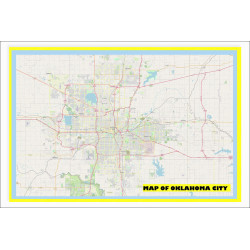 Map of Oklahoma City with Neighborhoods, Streets, Roads, Highways and Parks - Laminated Wall Map Poster Print