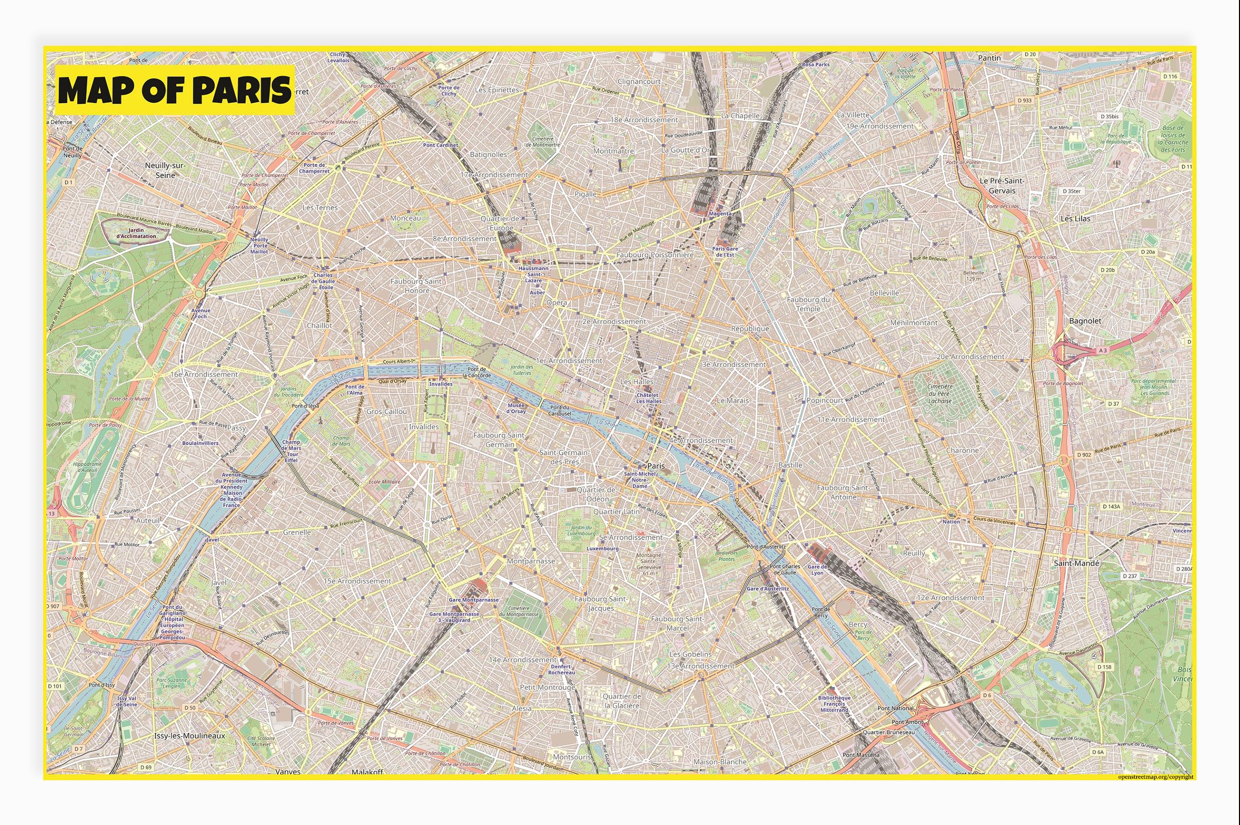 Map of Paris with Neighborhoods, Streets, Roads, Highways and