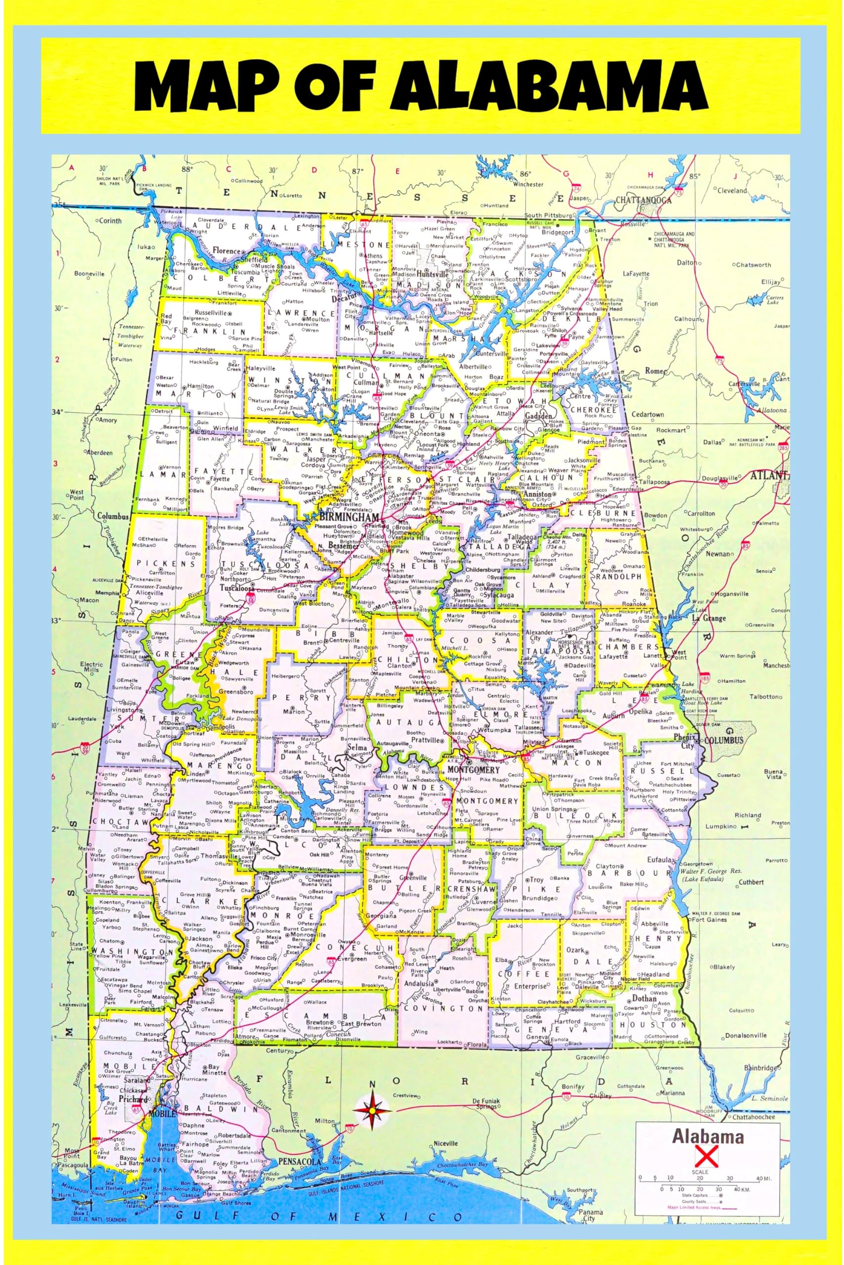 Laminated Map Large Detailed Administrative Map Of Alabama State With