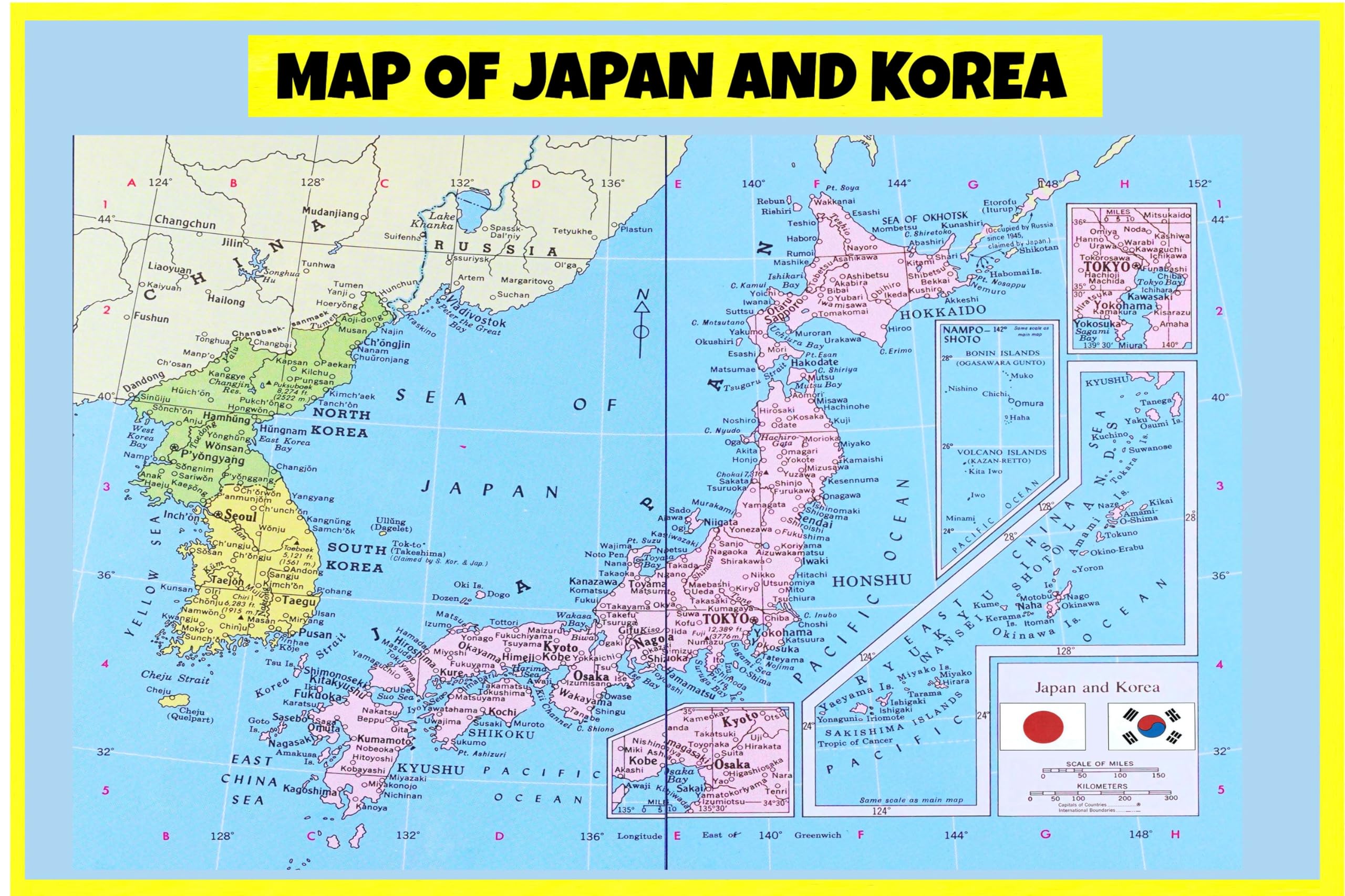 Map of Japan and Korea - Laminated Wall Map Poster Print Perfect