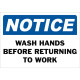 Notice Wash Hands Before Returning To Work Safety Sign